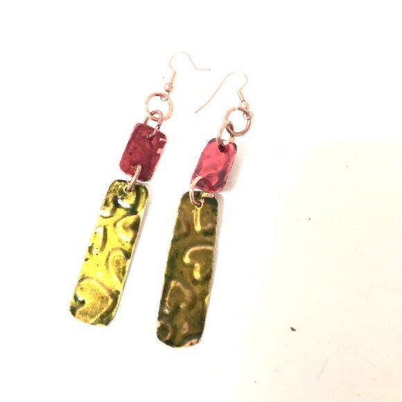 Green Red Pure Hand Painted Solid Copper Dangle Earrings Boho Christmas Gift - Picture 5 of 13